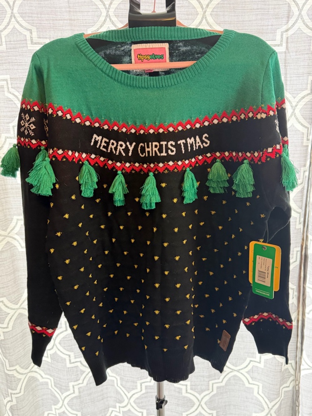 BNWT Womens XL Tipsy Elves Green Holiday Sweater with tree tassels